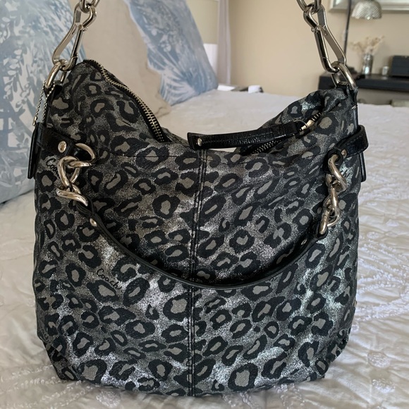 coach purse black and silver leopard print